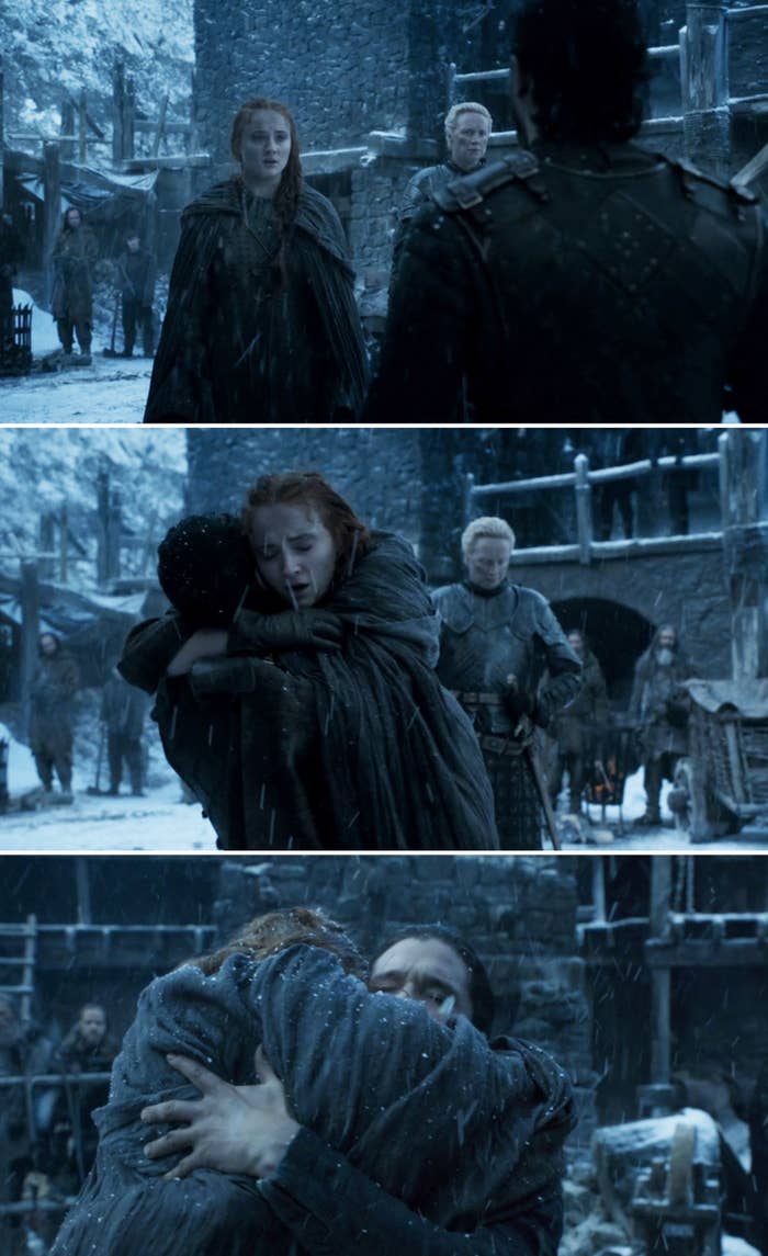 Sansa and Jon reuniting and embracing