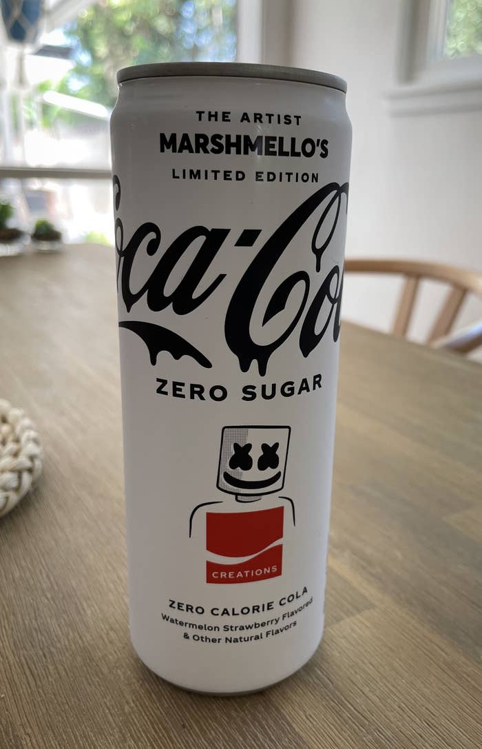 A can of the Marshmello Coke sitting on a table