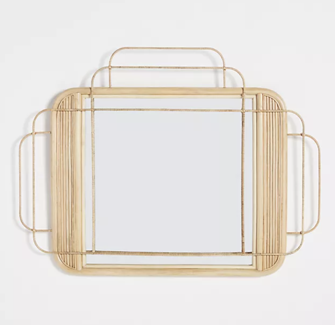 square-shaped rattan mirror with sculptured detailing around the rim