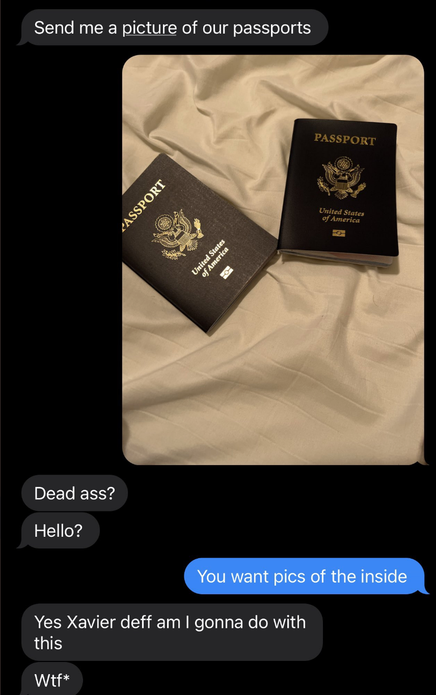 someone asking for a pic of a passport and someone responding with the pic of the outside, instead of the inside photo and info