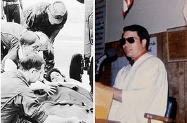 Left: Jackie Speier lays in a med bed Right: Jim Jones preaches