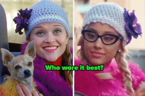 Elle Woods is in a car on the left with Ariana Grande on the right labeled, "Who wore it best?"