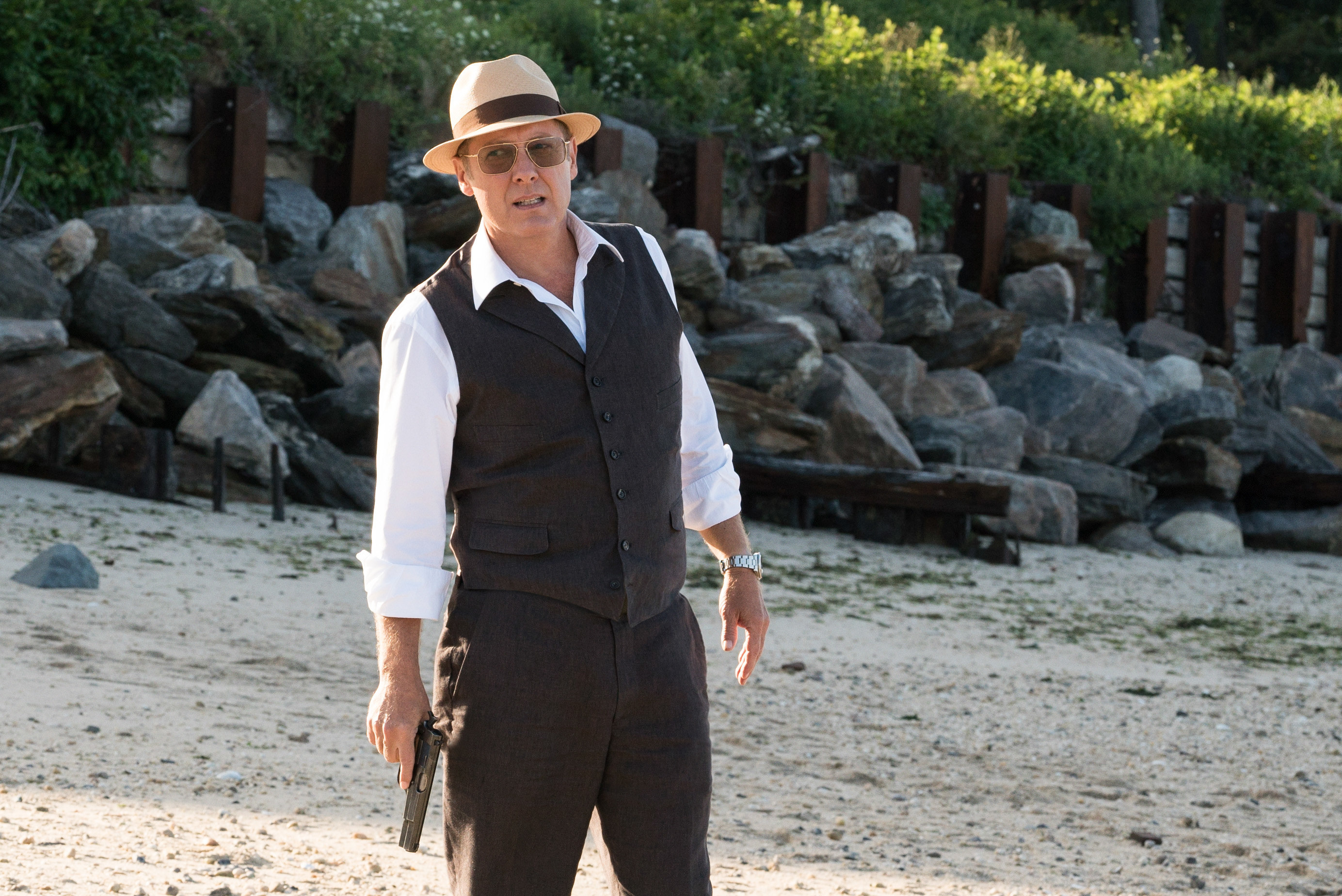 James Spader in &quot;The Blacklist&quot; holding a gun