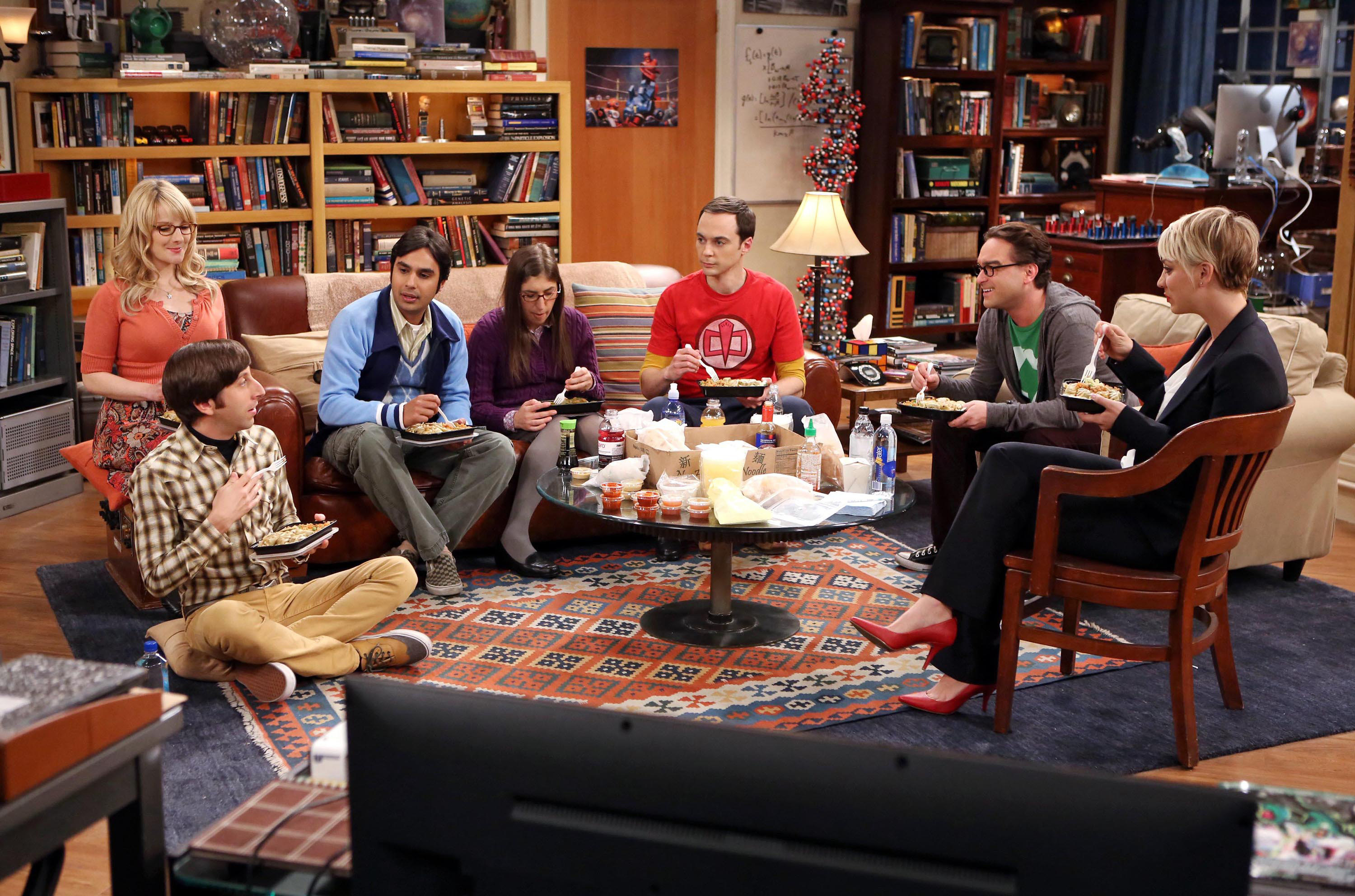 the characters in &quot;The Big Bang Theory&quot; sitting in a living room