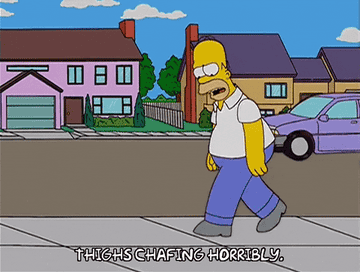 gif of Homer Simpson walking with &quot;thighs chafing horribly&quot; caption