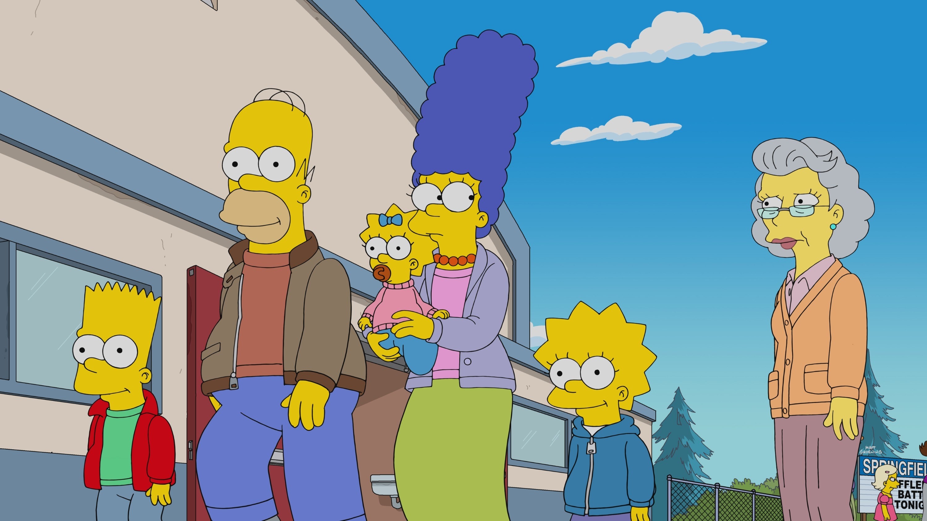 the Simpson family smiling as an elderly woman looks at them and Marge looks back