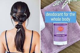 model with hair in a ponytail using clear hair bands R: lavender sage deodorant for the whole body