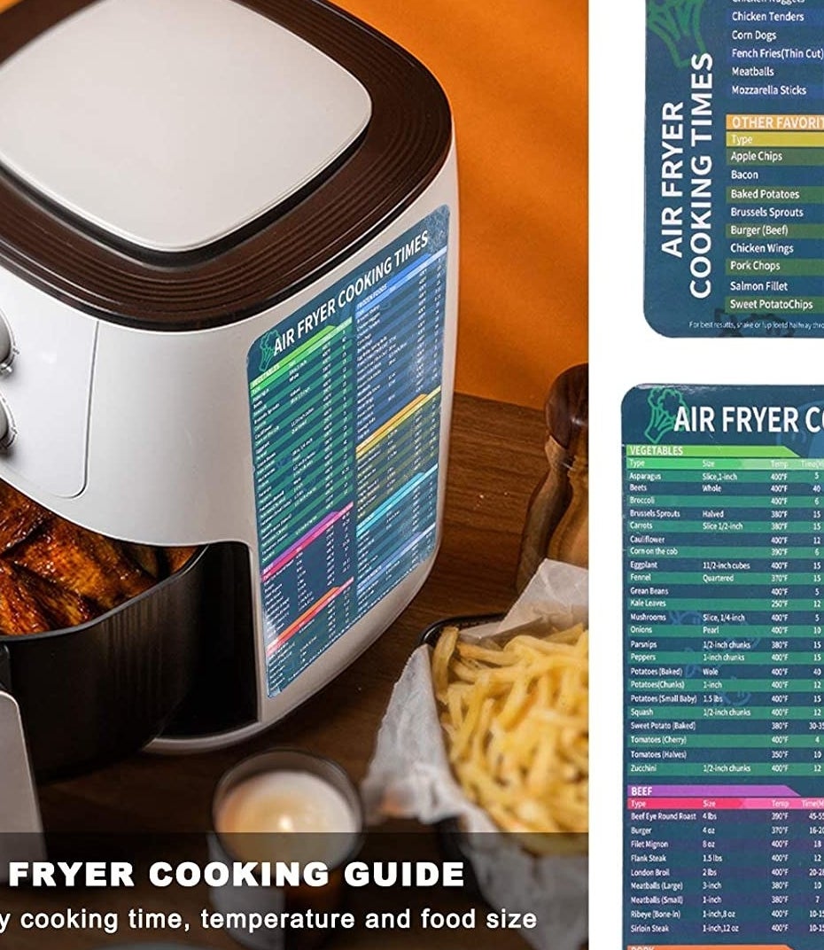 the cheat sheet attached to the side of an air fryer with a chicken in it
