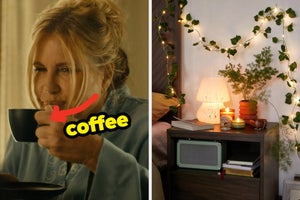 On the left, Jennifer Coolidge holding a mug to her lips as Tanya in The White Lotus with an arrow pointing to the mug and coffee typed next to it, and on the right, a vine with lights hanging above a bedside table