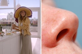 On the left, Carrie Bradshaw preparing breakfast in her bright kitchen with floor-to-ceiling windows, and on the right, a closeup of a nose
