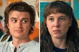 On the left, Steve from Stranger Things, and on the right, Eleven with tears in her eyes