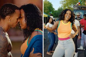 couple kissing and woman dancing at a block party