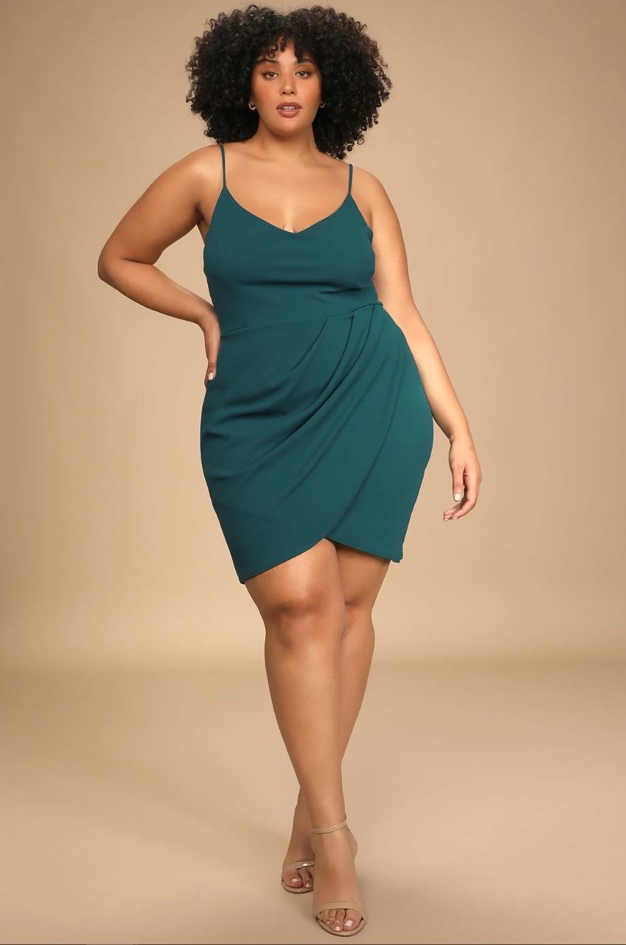 model wearing turquoise mini dress