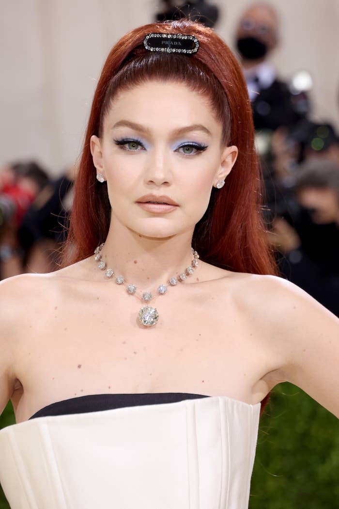 Gigi Hadid poses on the Met Gala red carpet in 2021