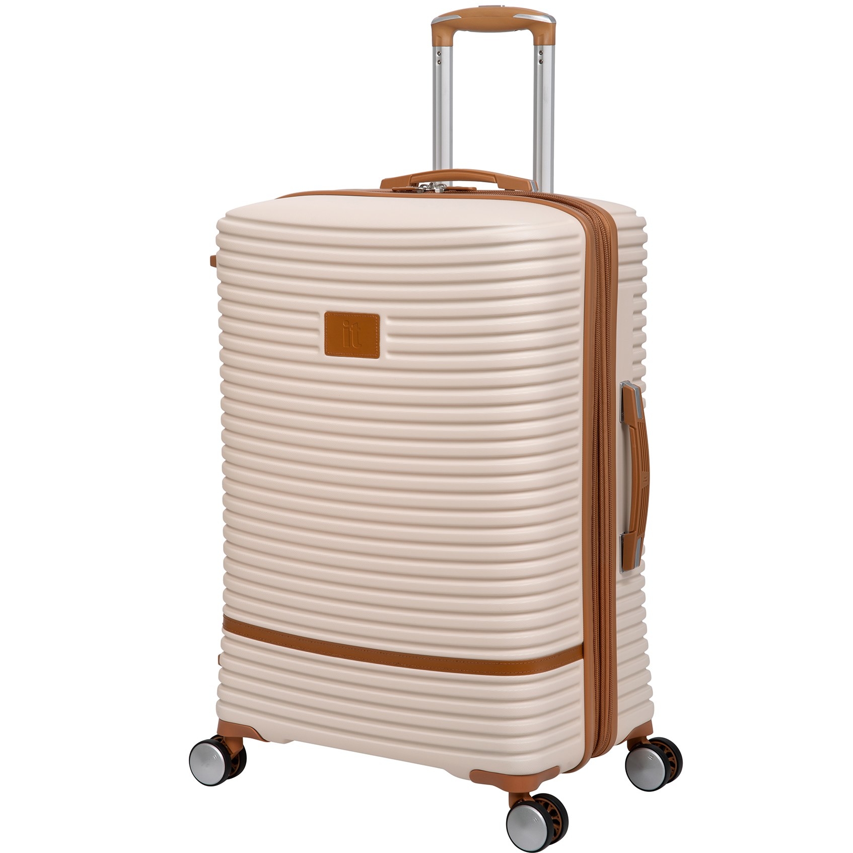 An image of a classy ribbed carry-on bag with an eight wheel roller system plus top and side handles