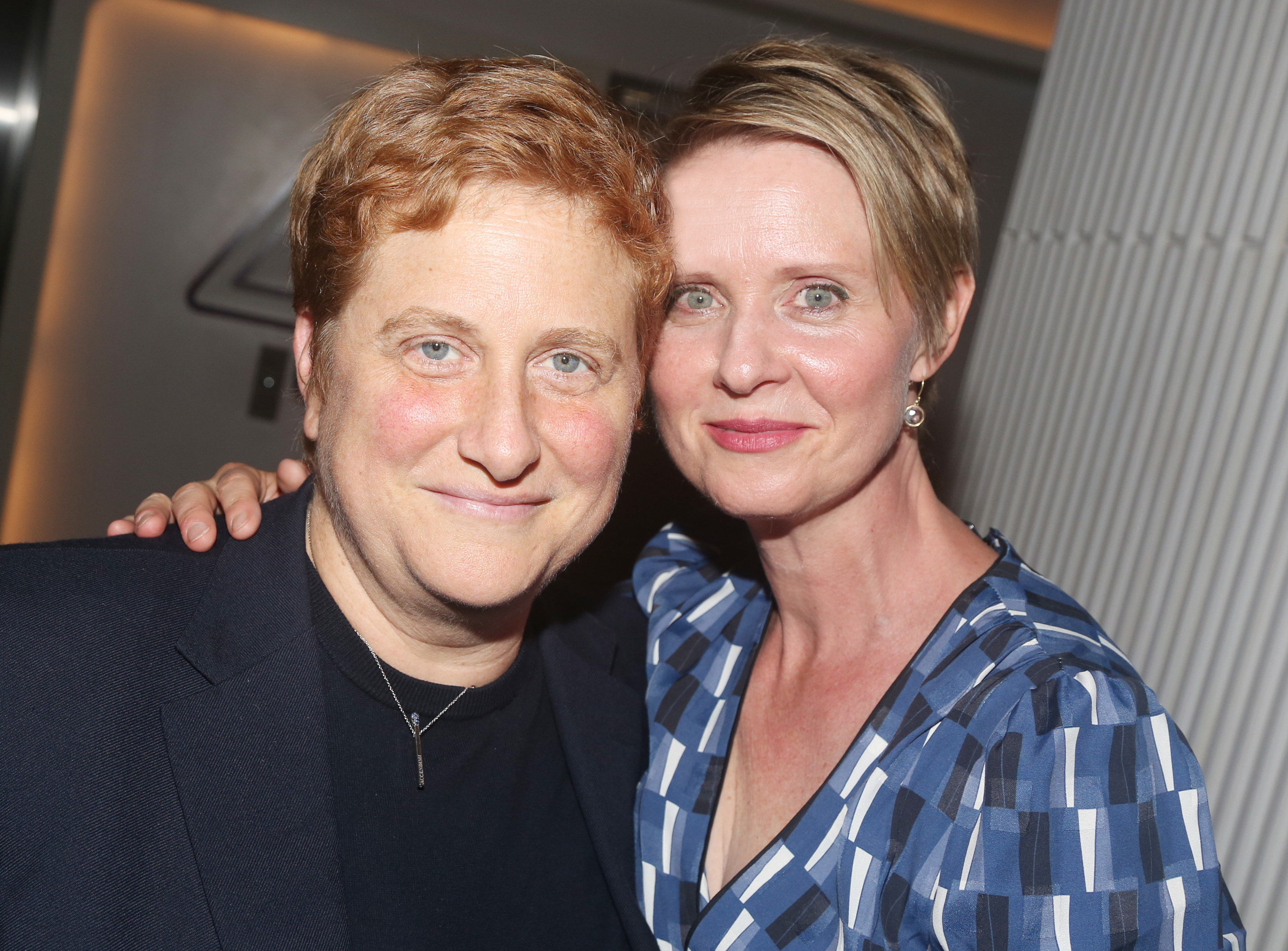 Christine Marinoni and wife Cynthia Nixon pose at the opening night after party for The New Group Theater production of &quot;The True&quot;at Yotel&#x27;s Green Fig Urban Eatery on September 20, 2018 in New York City