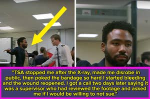 Donald Glover being examined by a TSA agent vs Donald Glover looking upset