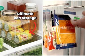 inside of a fridge with a can storage container, pull out file of ziplock bags of food