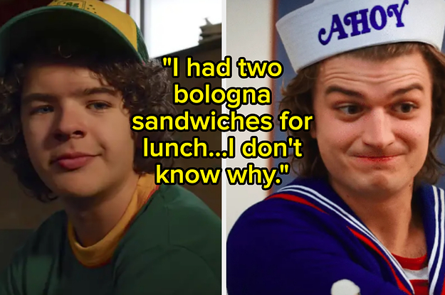 Dustin Henderson wears a dark colored baseball cap and Steve Harrington wears a sailor uniform
