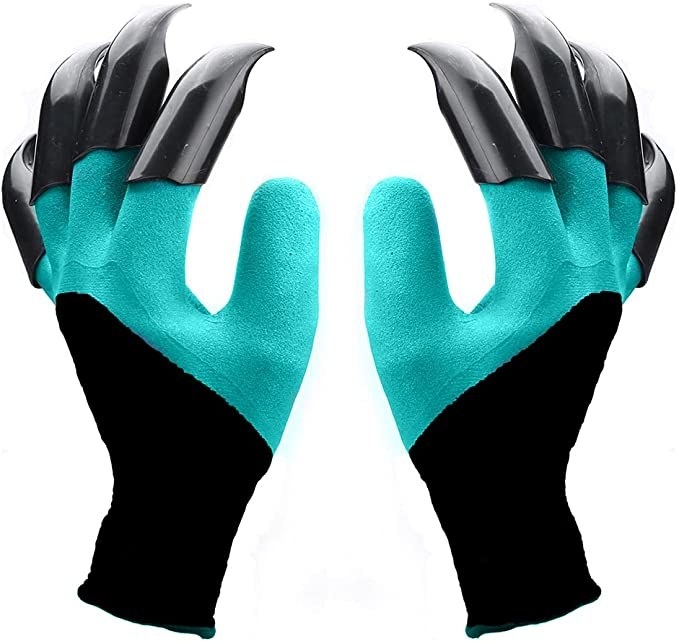 A pair of gardening gloves with plastic claws on the fingers for digging