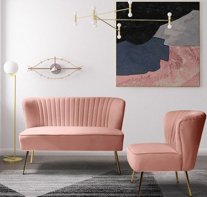 pink loveseat sofa in gray living room