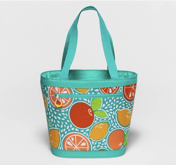 A tote cooler with fruit print