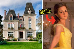 a french house on the left and emma watson on the right as belle
