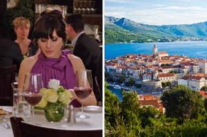 On the left, Jess from New Girl sitting at a table of a fancy restaurant with wine glasses in front of her, and on the right, mountains near the sea with buildings on the other side
