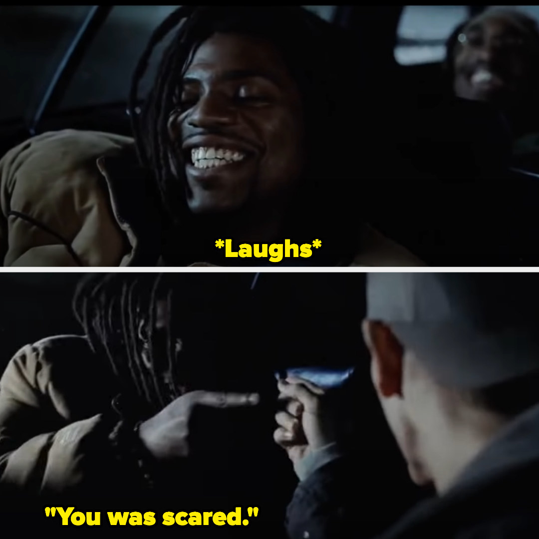 A picture of Mekhi Phifer as Future laughing with Jimmy as Eminem pointing at each other saying, &quot;You was scared