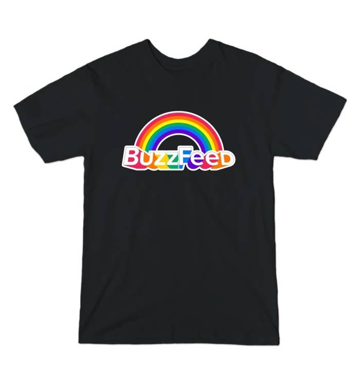 Black t-shirt with BuzzFeed logo and rainbow
