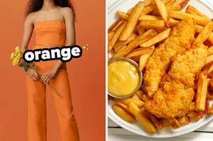 On the left, someone wearing a coordinated tube top and high-waisted pants ensemble labeled orange, and on the right, some chicken tenders and fries with a side of honey mustard