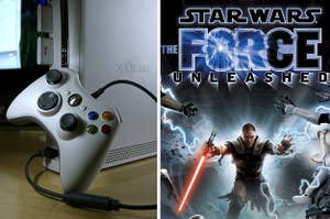 An Xbox is on the left with "Star Wars Force Unleashed" on the right