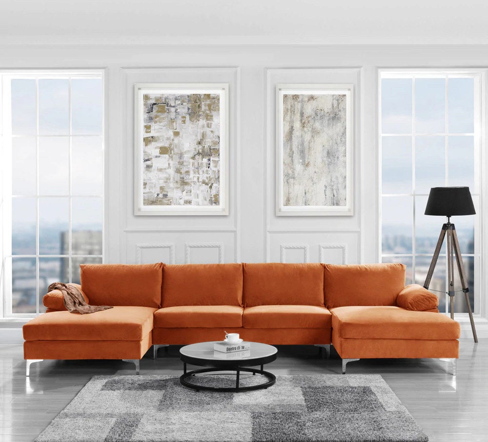 orange velvety sectional sofa