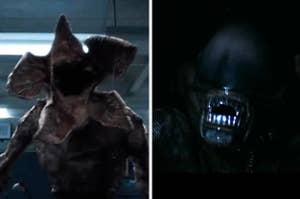 The Demogorgon with it's mouth open in "Stranger Things"/The Xenomorph hissing in "Alien"