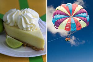 Split frame of key lime pie and parasailers