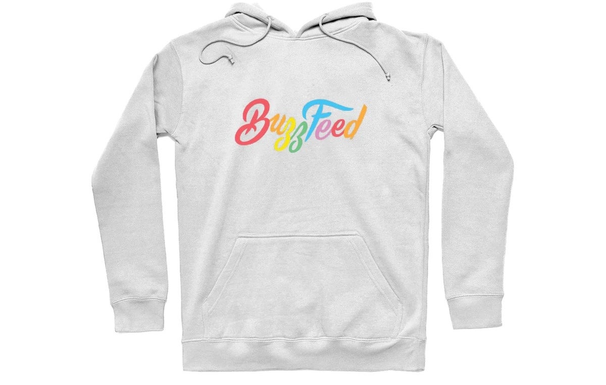 the white hoodie with BuzzFeed written in rainbow
