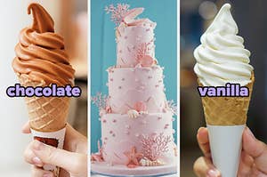 On the left, a chocolate soft serve cone, in the middle, a three-tiered cake with fondant shells and coral and edible pearls on it, and on the right, a vanilla soft serve cone