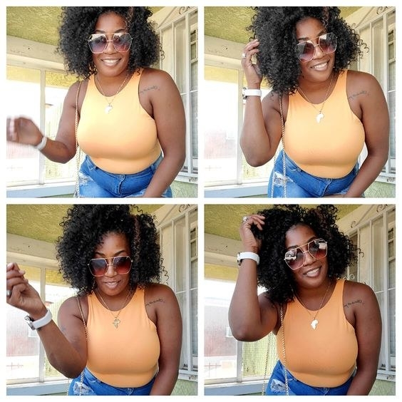 a photo grid of a reviewer wearing the bodysuit in orange