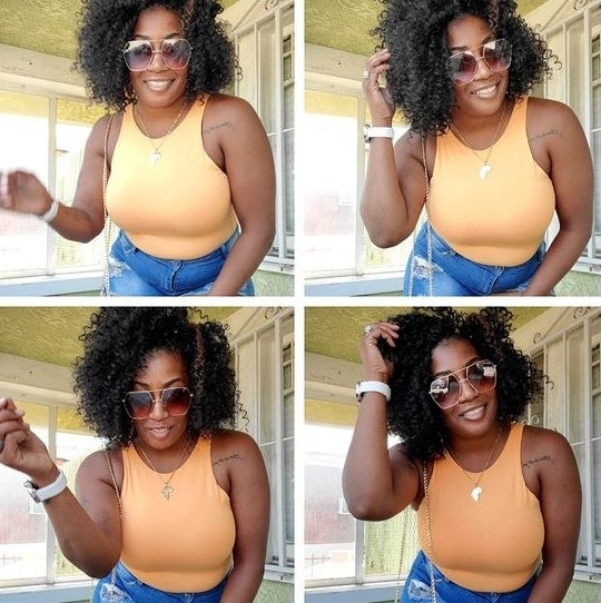 four pictures of a reviewer wearing the bodysuit in orange