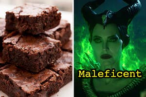 On the left, a stack of brownies, and on the right, Angelina Jolie as Maleficent