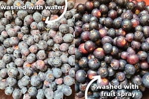 before: dusty looking berries washed with water, after: shiny berries with no white residue washed with veggie wash