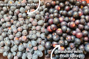 before: dusty looking berries washed with water, after: shiny berries with no white residue washed with veggie wash