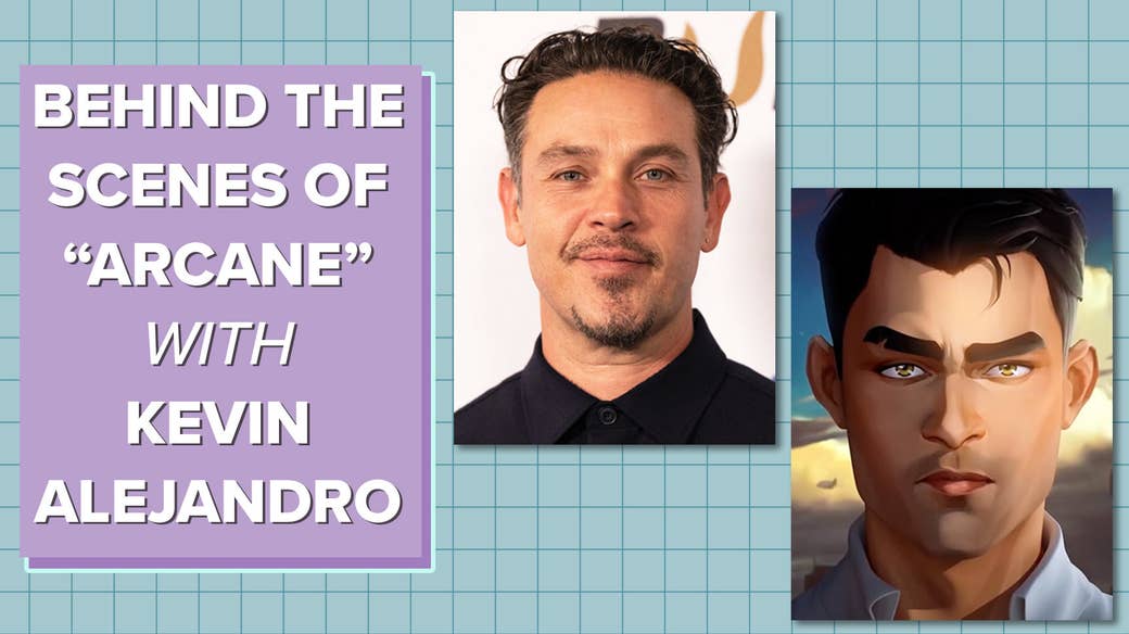 A picture of Kevin Alejandro and Jayce Talis, the Arcane character he voices; there is text saying "Behind-the-scenes of Arcane with Kevin Alejandro"