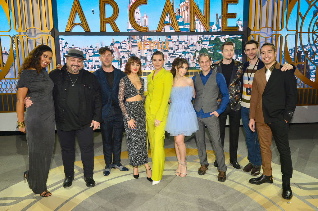 (L-R) Toks Olagundoye, JB Blanc, Kevin Alejandro, Ella Purnell, Hailee Steinfeld, Mia Sinclair Jenness, Jason Spisak, Christian Linke, Harry Lloyd, and Alex Yee attend the world premiere of Arcane