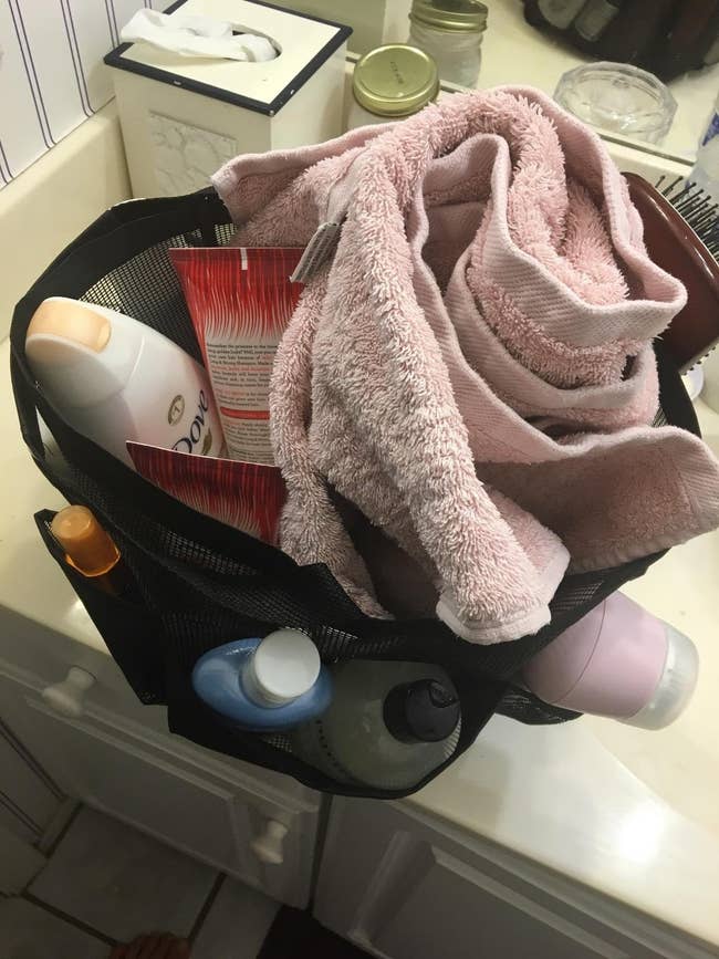 reviewer's photo of the shower caddy