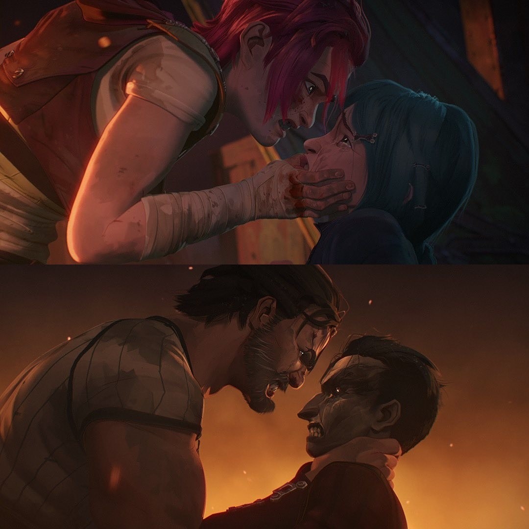 A collage showing the similarities of Vi holding Powder&#x27;s face and Vander doing the same to Silco