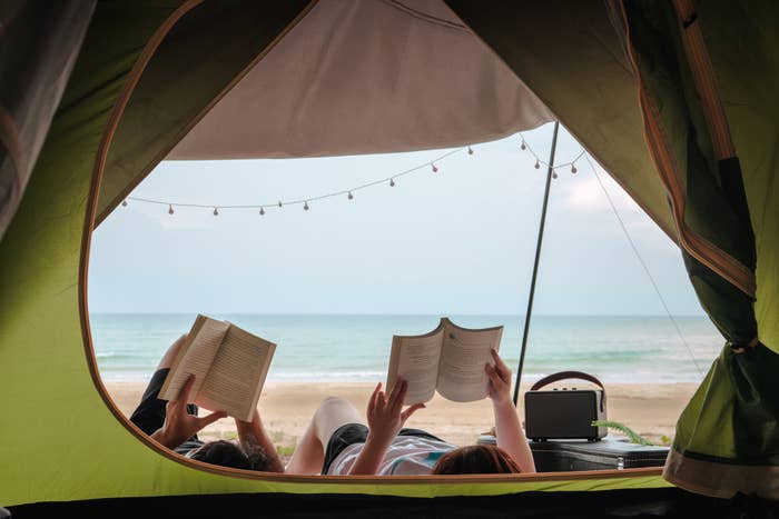 Two people reading by the beach.