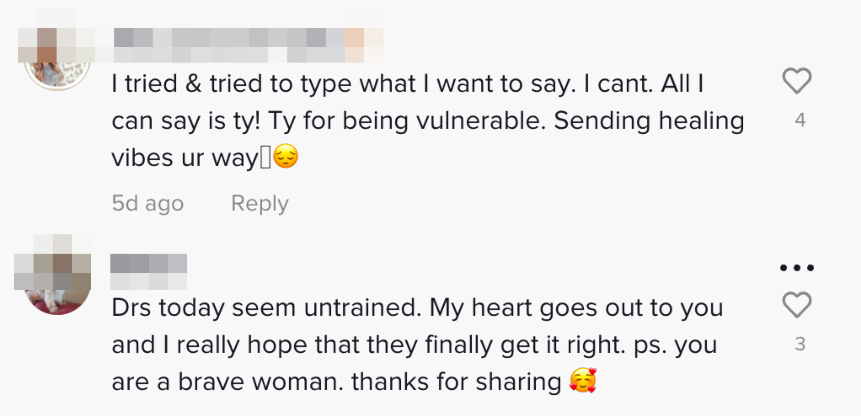 Multiple commenters sending support to Melita and praising her bravery and vulnerability