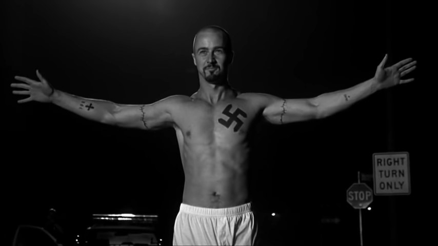 Derek Vinyard in his boxers with his arms spread out in &quot;American History X&quot;