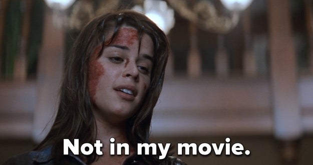 Sidney Prescott in the first &quot;Scream&quot; with blood on her face saying, &quot;Not in my movie&quot;